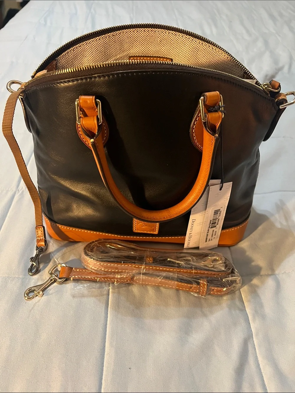 Dooney & Bourke Beige Canvas Messenger Bag with Tan Leather Trim